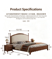 Lit en bois massif de style campagnard français vintage, tête de lit capitonnée incurvée, cadre de lit plateforme robuste pour chambre à coucher Queen et King