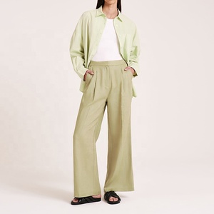 Nouveau Style femmes léger 100% coton lin mélangé <span class=keywords><strong>taille</strong></span> haute ample jambe large <span class=keywords><strong>pantalon</strong></span> pour dames <span class=keywords><strong>grande</strong></span> <span class=keywords><strong>taille</strong></span> <span class=keywords><strong>pantalon</strong></span> droit - Product Image 1