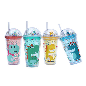 Shang Kou Ai Dinosaur Plastic Cup With Straw Double Layer Sequins Kids Water Bottle Back To School - Product Image 4