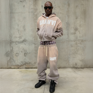 Men Knitted Polyester/Cotton Acid Wash Embossed Tracksuit Zip-Up Hoodie Sweatpants Set <b>Distressed</b> Embroidered Patch Streetwear - Product Image 2