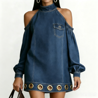 Robe Courte en Jean pour Femme 2027, Tailles S-3XL, Épaules Dénudées, Manches Ballon, Poches à Rivets, Coupe Ample, Idéale Vacances et Plage