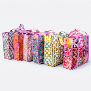 Ensemble de sacs fourre-tout en coton brodés style bohème floral, 10 à 100 pièces, motif matelassé, grande capacité, avec fermeture éclair, pour voyage, mode et shopping - Product Image 1