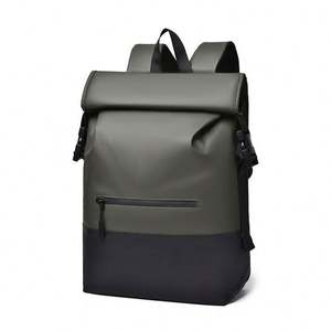 OEM Customizable Rpet Fabric Men's Laptop <b>Backpack</b> PU Leather Polyester Casual Roll Top Design <b>Black</b> Waterproof Travel Business - Product Image 1