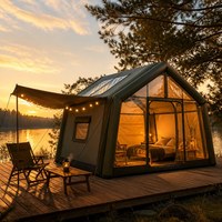 Tente Cabine Gonflable Vert Foncé 16 m² 3.2x5x2.3m avec Porte TPU, 2 Pièces, Mélange Coton 210G, Tente Gonflable pour 7-10 Personnes, Glamping Familial