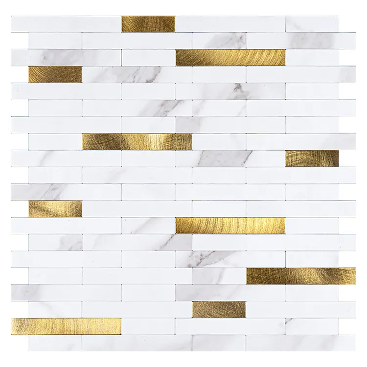 2023売れ筋デコレーションホーム長方形ホワイトとゴールドミックスピールアンドスティックタイルモザイク壁バックスプラッシュ用