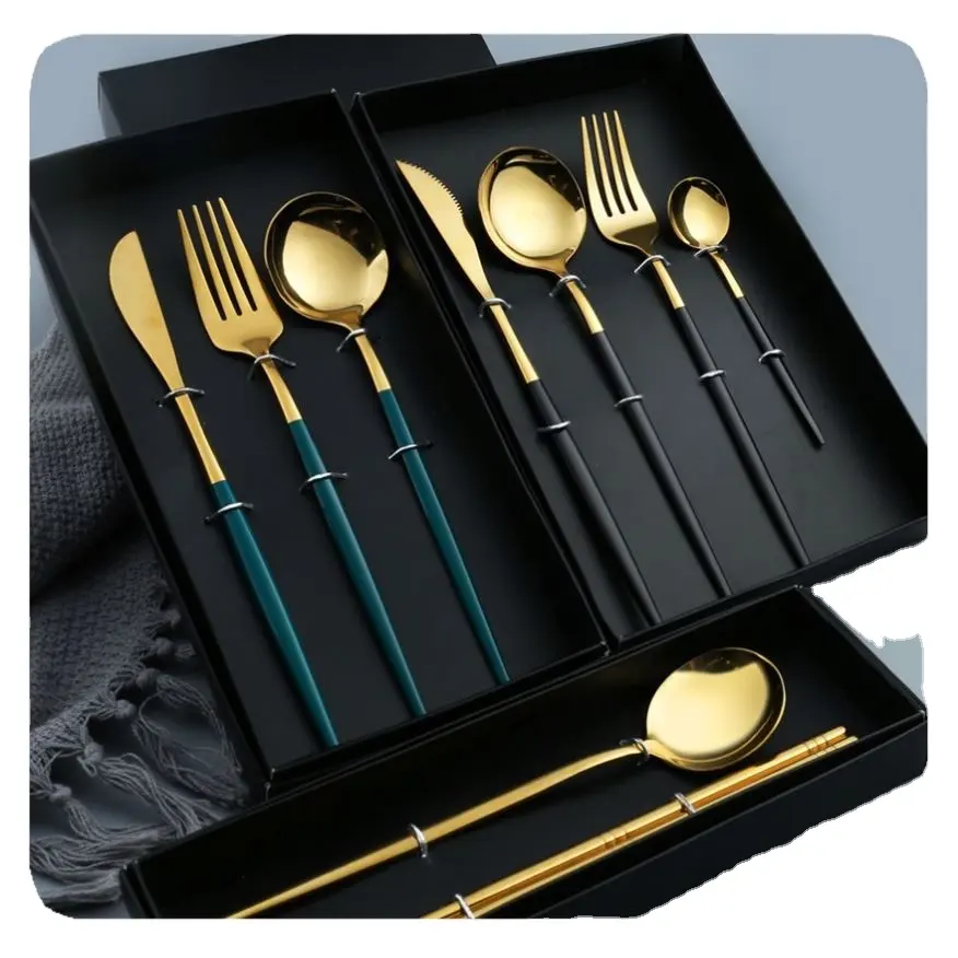 New Portugal gương vàng thiết lập dao kéo thép không gỉ muỗng bít tết dao và Ngã Ba sang trọng Bộ đồ ăn Flatware Bộ quà tặng đám cưới