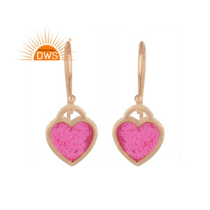 <b>Heart</b> Shape Indian Pink Enamel <b>Earrings</b> Wholesale 925 <b>Silver</b> Rose Gold Plated Hook <b>Earrings</b> Jewelry - Product Image 1