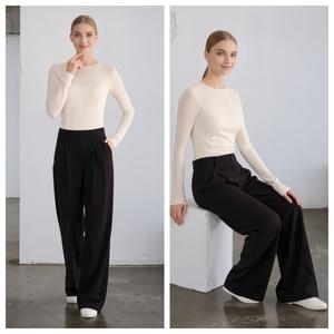 Vendita calda da donna <span class=keywords><strong>pantaloni</strong></span> larghi a vita alta <span class=keywords><strong>neri</strong></span> <span class=keywords><strong>pantaloni</strong></span> larghi Casual da ufficio <span class=keywords><strong>eleganti</strong></span> comodi <span class=keywords><strong>pantaloni</strong></span> in poliestere - Product Image 3