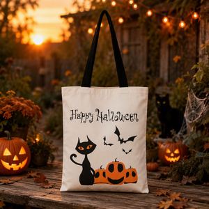 Sac fourre-tout personnalisé pour Halloween, sac de courses réutilisable en toile, imprimé citrouille, chat, chauve-souris, sac cadeau pour fête d'Halloween - Product Image 1
