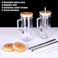 Gobelet à café en verre réutilisable de 24 oz avec poignée, couvercle en bambou et paille, pour sublimation