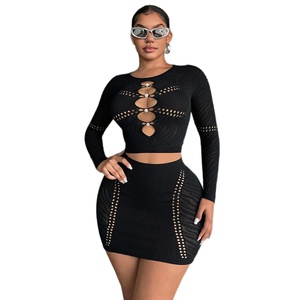 Nuovo Completo Due Pezzi in Nylon Lavorato a Maglia con Perle Nere, Gonna Aderente e <span class=keywords><strong>Top</strong></span> a Maniche Lunghe, <span class=keywords><strong>Lingerie</strong></span> Bodystocking Slim-fit per Donna - Product Image 5
