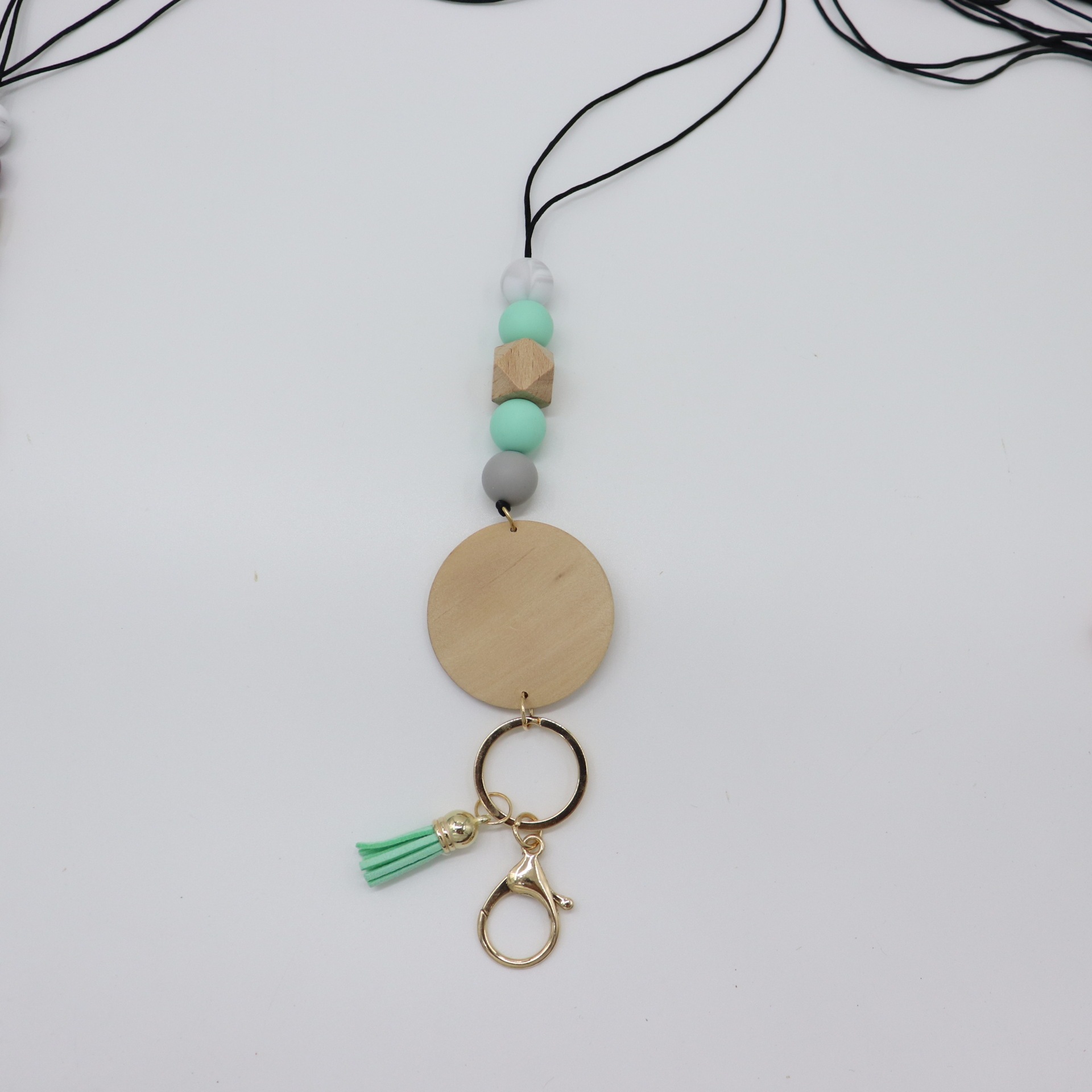 Wholesale Silicone Beads Lanyard Monogram Wooden Disc Tassel Pendant Necklace Teacher ID Badge Beaded Lanyard Image 4