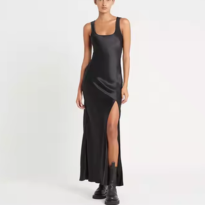 Vestido de verano 2025 para mujer, vestido de seda con cuello redondo y corte al bies, vestido de lujo Maxi de satén indefinido con abertura lateral - Product Image 1