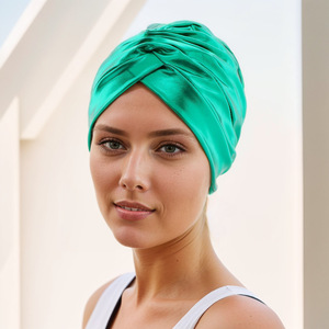 Venta al por mayor cómodo de las mujeres de colores sólidos Floral/leopardo volante nudo sedoso Jersey transpirable elástico gorro de dormir turbante todo - Product Image 2