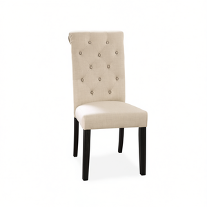 Silla Lateral Tapizada en Lino Color Marfil Clásico DB, Patas de Madera Maciza, Silla de Comedor Rústica para Cocina Estilo Granja - Product Image 1