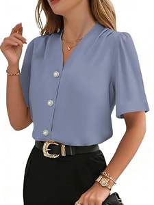 Chemise décontractée à manches courtes pour femme, nouvelle collection printemps/été 2026, col en V, en polyester tricoté, dentelle, boutonnée, tendance, pour le travail - Product Image 2