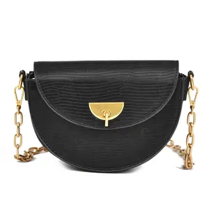 Ladies Metal Chain Half Month Shelly Luxury Women Crossbody Bag PU Ladies Shoulder Half Month Handbag