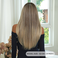 Peluca de Cabello Sintético Larga y Lisa de 24 Pulgadas, Color Degradado de Raíz Oscura a Rubio Cenizo, con Flequillo Cortina, Fibra Resistente al Calor, Aspecto Natural Mate