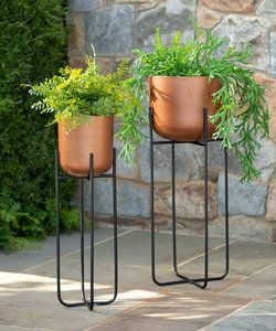 Hot Selling Customizable Copper Planter <b>Pots</b> with Black Metal <b>Stand</b> Indoor Outdoor Use Round Industrial Design Set Home Garden - Product Image 3