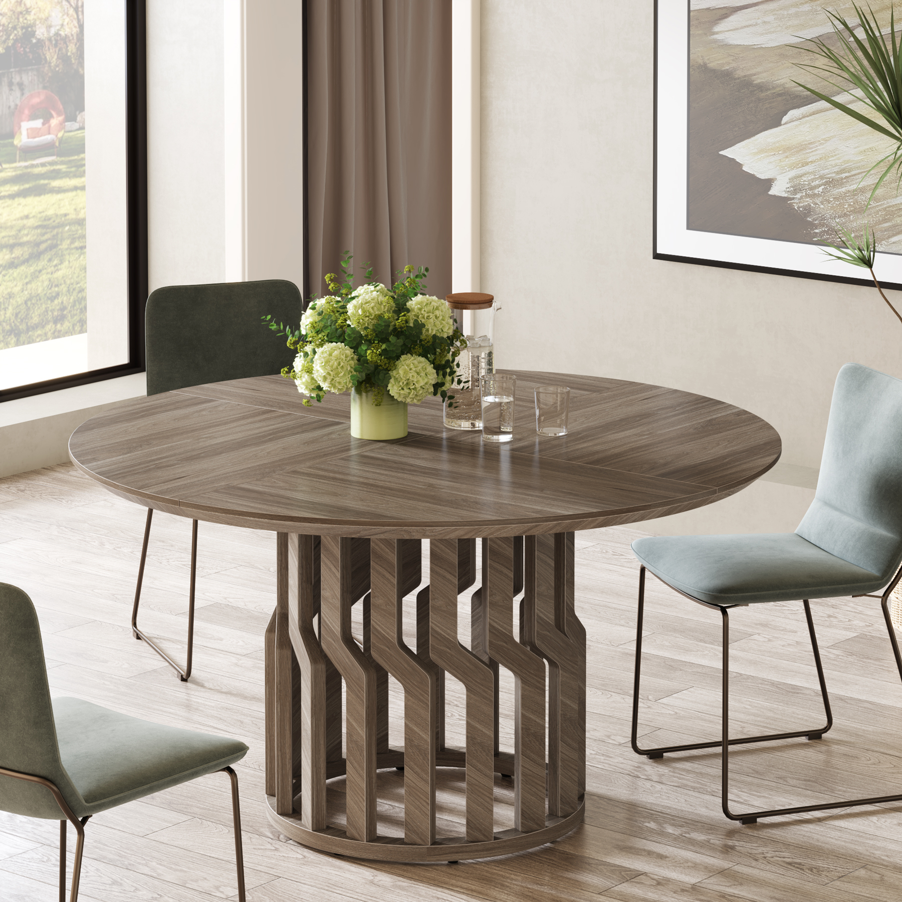 Tribesigns Wooden Round Dining Table Solid Wood Leg Dinner Kitchen ...