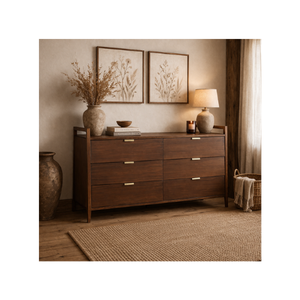 Armoire de rangement en bois de style mid-century modern avec 6 tiroirs, longue commode pour chambre à coucher, salon, meubles de maison - Product Image 1