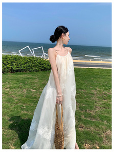 Vestido Maxi Camisero con Bordado 3D de Estilo Chino, Personalizado, Blanco, Holgado, Estilizador, para Vacaciones y Playa, para Mujer - Product Image 2