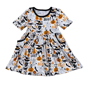 Оптовая продажа, детское платье LZ2021, детская одежда, с коротким рукавом, на Хэллоуин, с рисунком boo, с карманами, платье для маленьких девочек, школьные платья