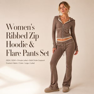 Ensemble deux pièces décontracté vintage Y2K pour filles, avec sweat à capuche zippé côtelé marron moka à bordure en dentelle et pantalon évasé, coupe ajustée, personnalisable, vente en gros - Product Image 1