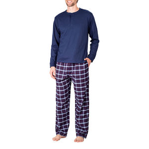 Ensemble de pyjama 2 pièces respirant pour homme avec pantalon en flanelle de coton et t-shirt Henley à manches longues Comfortable PJ Combo - Product Image 2