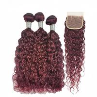 Extensions de cheveux humains ondulés 99J, lots de mèches avec closure frontale, couleur bordeaux, cheveux vierges, vente en gros directe usine