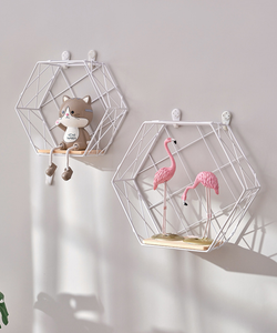 Geometric <b>Floating</b> <b>Wall</b> <b>Shelf</b> Metal Wood Storage Rack Hexagon <b>Wall</b> Mounted Display Holder for Living Room Bedroom - Product Image 4