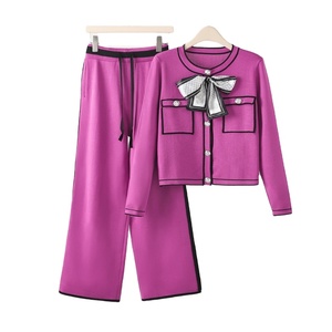 Cárdigan corto con cuello redondo y pecho abierto, <span class=keywords><strong>pantalones</strong></span> holgados de cintura alta, conjunto doble, novedad de Primavera al por mayor - Product Image 1