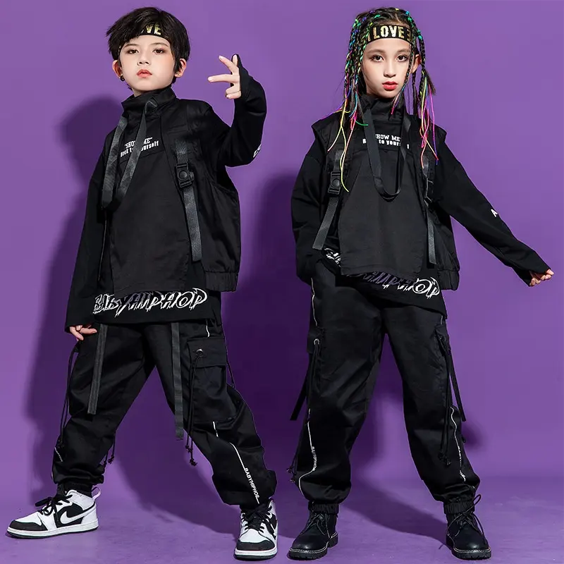 Pakaian Celana Kargo Rompi Kerah Tinggi Anak Perempuan Hip Hop Anak Laki-laki Kaus Jogger Tari Jalanan Rompi Anak-anak Kostum Streetwear