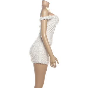 Abito <span class=keywords><strong>Estivo</strong></span> <span class=keywords><strong>Corto</strong></span> <span class=keywords><strong>Bianco</strong></span> Casual da Donna con Spalle Scoperte e Spalline Sottili, Decorazione Floreale, Elegante - Product Image 5