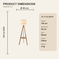 Lampadaire trépied en bois avec étagère ronde et abat-jour en tissu pour salon, chambre, chambre d'hôtel, salle d'attente
