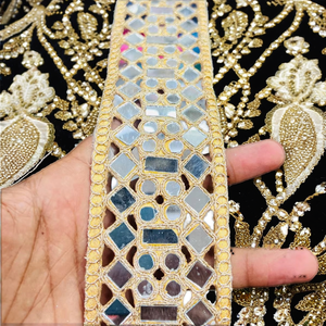 Gold Polyester Embroidery with <b>Mirror</b> Work Handmade Gimp Lace Trim Sequins 25MM Width <b>Star</b> Pattern Vintage Elegant Lace Reel - Product Image 2