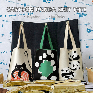 Bolso de hombro de compras de lona de algodón con estampado floral y diseño de panda de dibujos animados, tejido a crochet, para mujer. - Product Image 2