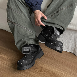 English Style Derby Shoes Pure Black Casual Big-top Shoes Thick Sole Heightening Feature <b>Small</b> Leather Shoes for Men - Product Image 4