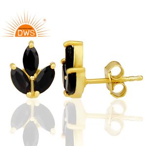 Black Onyx Gemstone Earrings Leaf Style 14k Gold Plated 925 Silver Tiny Stud Earrings Supplier Jewelry - Product Image 3