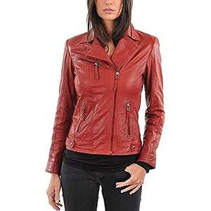 Veste de motard en cuir d'agneau rouge pour femme Valentino, taille moyenne, style moto classique, manches longues, tissu tissé - Product Image 4