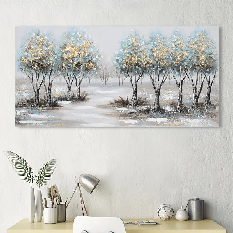 Lienzo pintado a mano, imágenes de Arte de pared, pintura al óleo de árbol dorado para sala de estar moderna