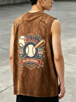Gilet sans manches vintage marron délavé et vieilli, broderie ZHILIAN, imprimé graphique rétro baseball, débardeur décontracté oversize à lettres