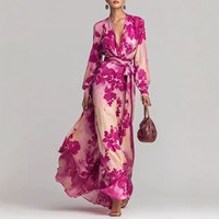Robe longue élégante et chic en mousseline imprimée, style européen et américain, à manches longues, col en V, laçage et taille haute, nouvelle collection printemps
