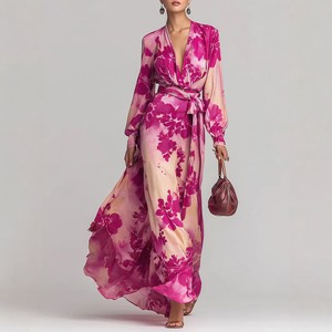Abito lungo elegante in <span class=keywords><strong>chiffon</strong></span> stampato stile europeo-americano, con scollo a V, maniche lunghe, allacciatura e vita alta, nuovo arrivo primaverile - Product Image 1
