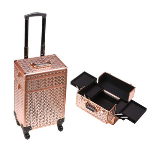 Rose Gold Xe Đẩy Rolling Train Trường Hợp 3-in1 Với Thêm Nắp Trang Điểm Di Động Train Trường Hợp Mỹ Phẩm Organizer Trang Điểm Du Lịch Trường Hợp - Product Image 3