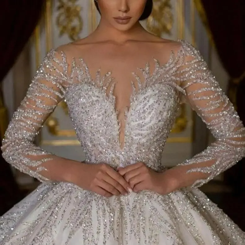 S8206f 2024 लक्जरी अरबिक फीता पूरे buring squins बॉल गाउन मामूली लंबी आस्तीन प्रेमी लक्जरी शादी की पोशाक