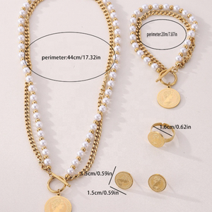 <span class=keywords><strong>Reine</strong></span> <span class=keywords><strong>Elizabeth</strong></span> Ii pendentif femmes ensemble de bijoux Vintage en acier inoxydable Double couche perle pièce boucles d'oreilles anneau collier Bracelet ensemble - Product Image 6