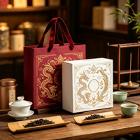 Sac en papier d'art de luxe de haute qualité avec poignée en ruban, emballage de boîte cadeau en carton, boîte à thé haut de gamme, logo personnalisé, image de marque d'entreprise