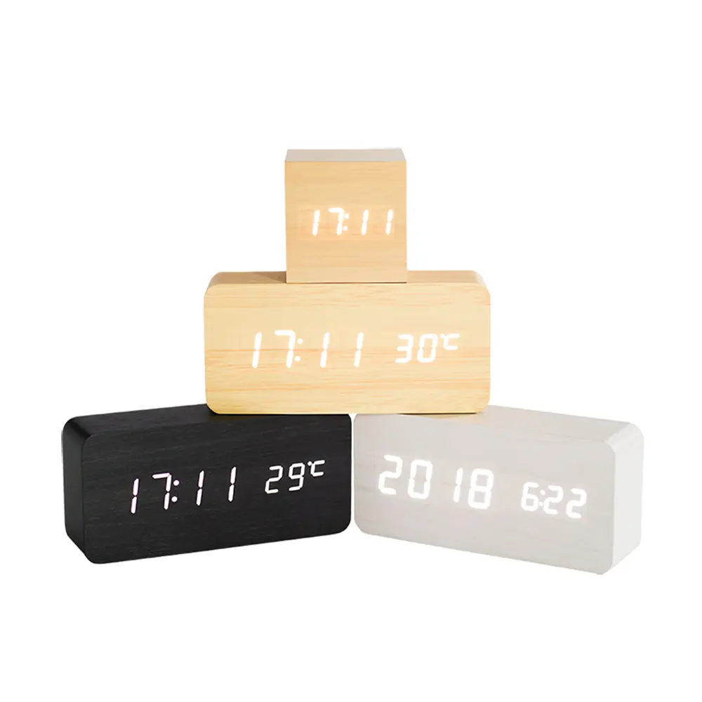 Alarma Digital de escritorio con logotipo personalizado, reloj de mesa de madera con pantalla LED