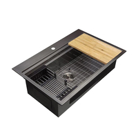Haute qualité PVD noir au-dessus du comptoir Topmount bol unique en acier inoxydable 304 cuisine évier artisanal avec accessoires